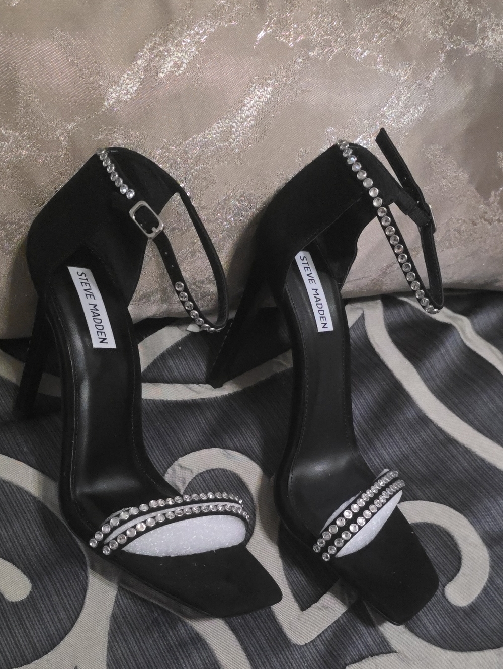 Steve Madden Black Crystal-Embellished Suede Stiletto Sandals